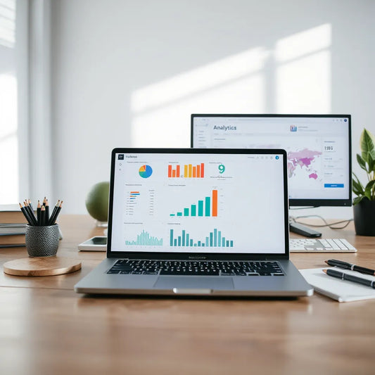 Laptop showing a clean analytics dashboard with charts and graphs in a modern workspace