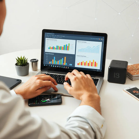 Person reviewing digital marketing dashboards on a laptop with social metrics on nearby devices