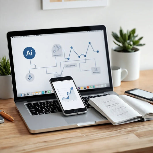 Modern desk with laptop and simple AI workflow visuals for business productivity