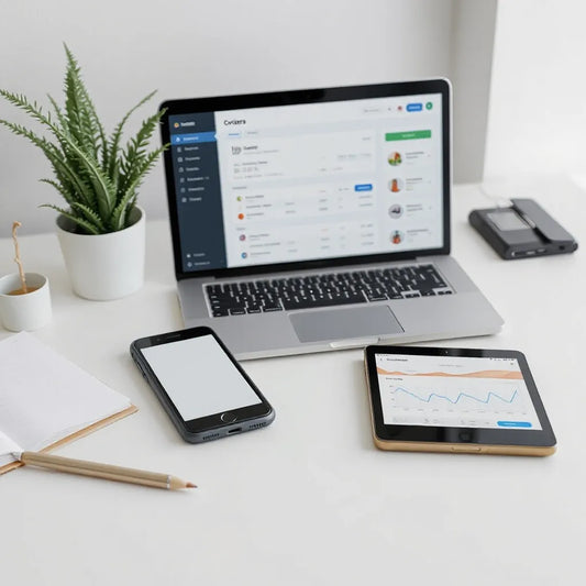 Modern e-commerce workspace with a laptop dashboard, smartphone storefront view, and analytics charts