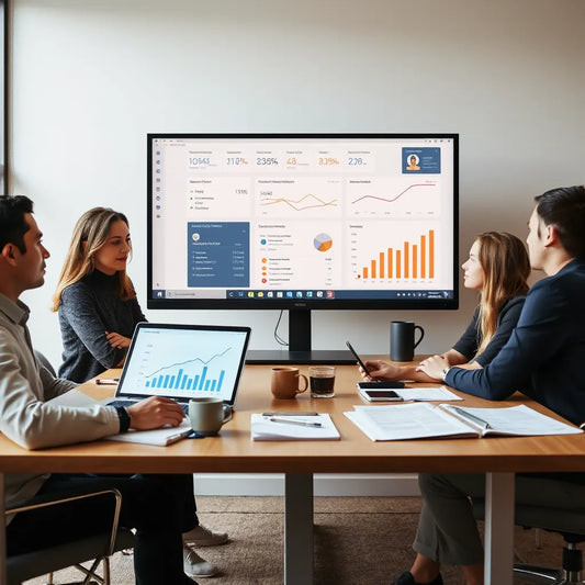 Team reviewing business analytics on a monitor with upward growth trends in a clean office setting
