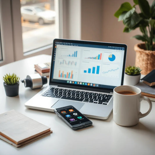 Modern workspace with laptop analytics and planning tools for an online business
