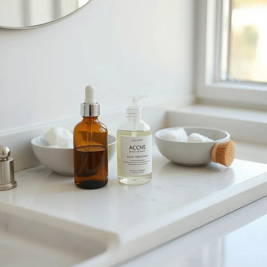 Minimal skincare setup with acne treatment bottles, cotton pads, and soft natural light