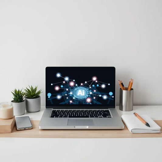 Modern desk with laptop showing abstract AI interface, smartphone, and connected automation elements