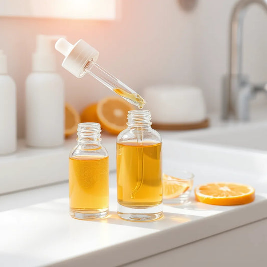 Brightening vitamin C serum in a dropper bottle with a small pump container and citrus slices