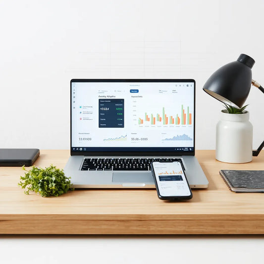 Laptop and smartphone displaying video analytics charts with an AI network overlay for platform insights