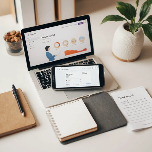 Laptop and phone on a clean desk with digital commerce dashboard visuals