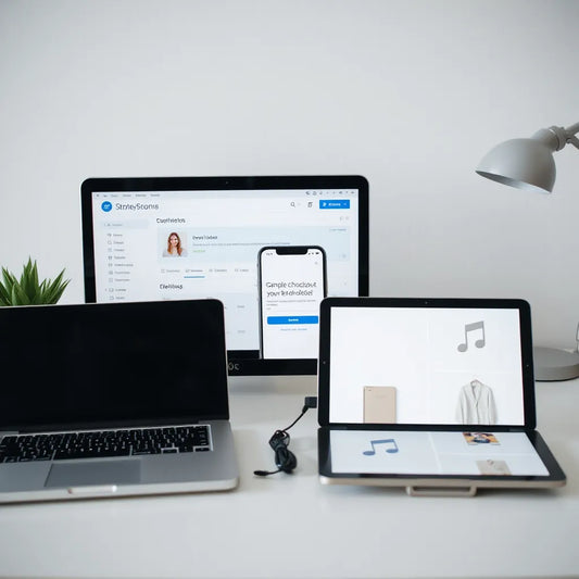 Laptop and phone showing a simple digital storefront dashboard with minimal product icons