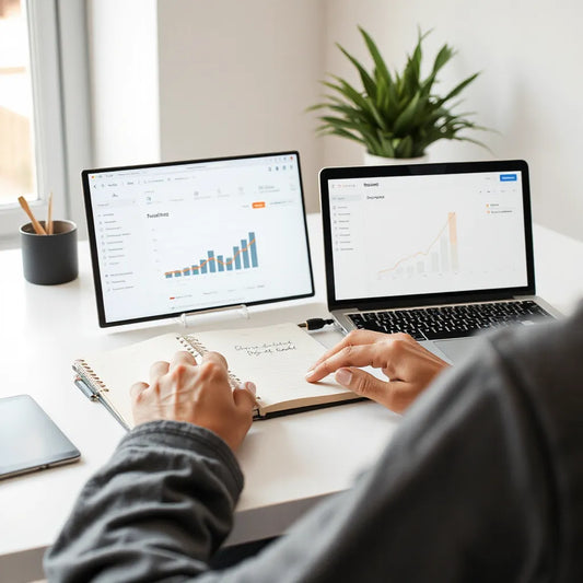 Person planning online income growth on a laptop with simple charts in a clean home office