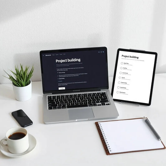 Minimal workspace with laptop and tablet showing digital creation tools for building and organizing products