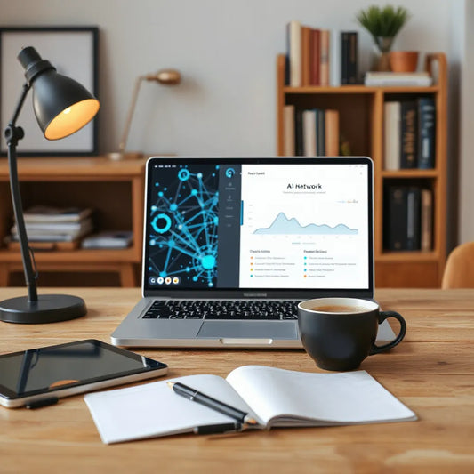 Home office desk with a laptop and tablet showing abstract AI network visuals