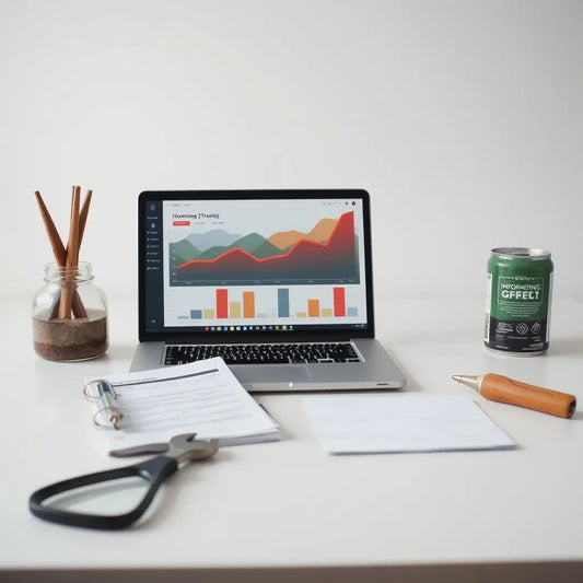 Laptop showing improving performance trends with a checklist and search tools on a minimalist desk