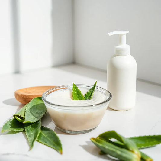 Sulfate-free shampoo bottle with creamy lather and aloe leaves on a clean bathroom counter
