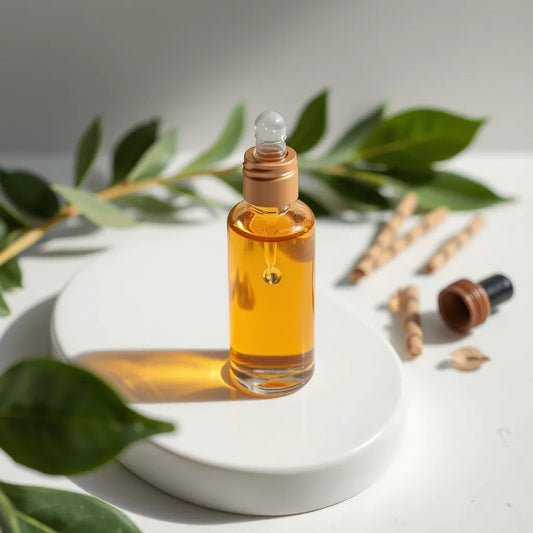 Glass dropper bottle of organic serum with a visible droplet and subtle botanicals on a clean surface