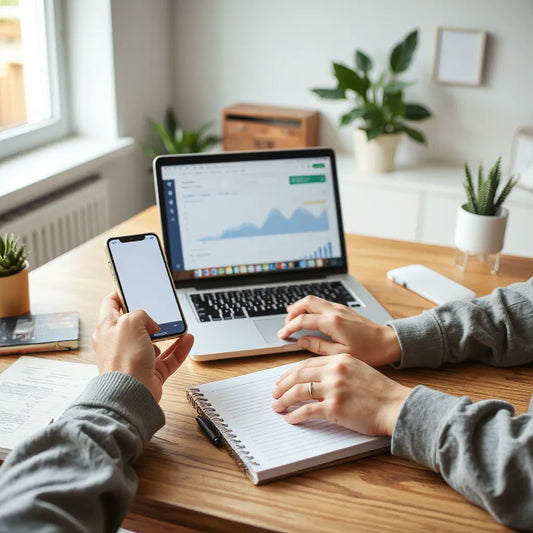 Person using a laptop with a clean earnings dashboard while planning online income strategies in a notebook
