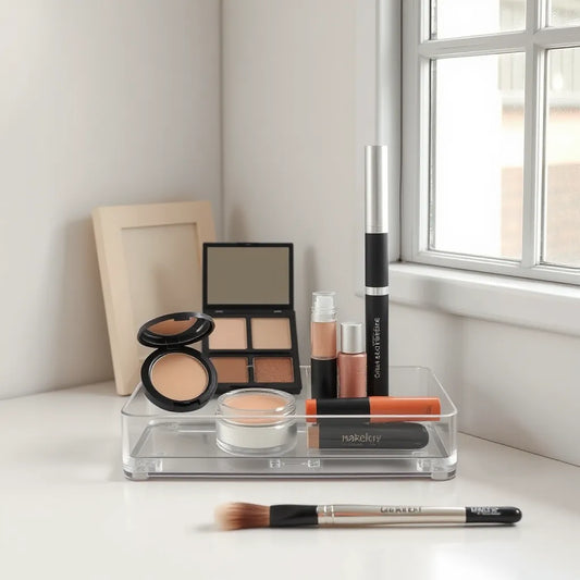 Cruelty-free makeup essentials arranged neatly on a minimalist vanity with soft natural light