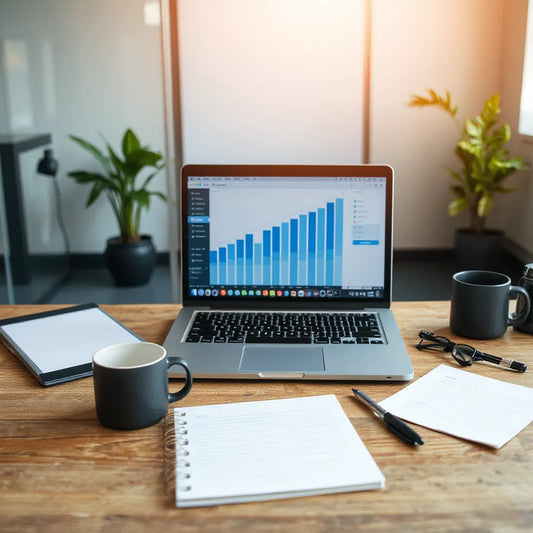 Business leader reviewing simple upward growth charts on a laptop with notes and a tablet.