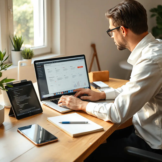 Modern entrepreneur reviewing laptop workflow dashboard with smartphone and tablet on a clean desk