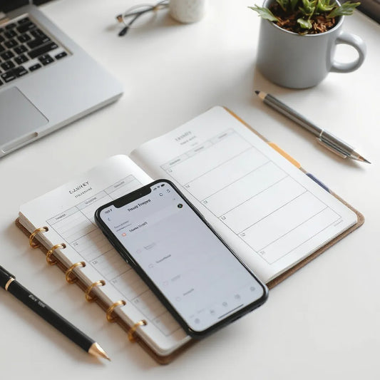 Minimal desk setup with a weekly planner, checklist on a phone, and progress markers ready for a fast launch plan