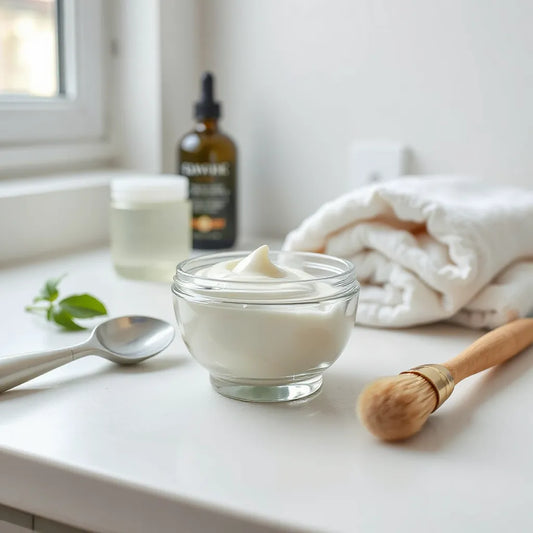 Creamy hydrating facial mask in a glass bowl with a skincare brush on a clean spa countertop