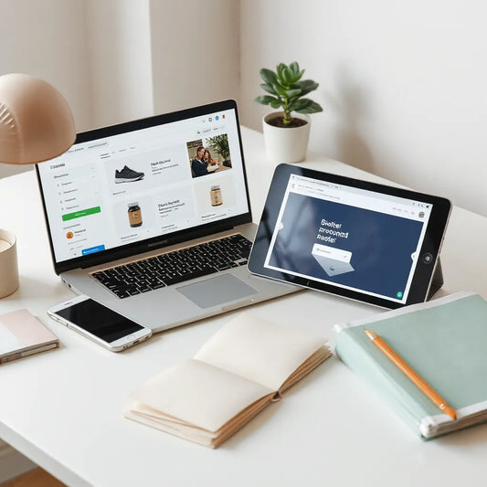 Laptop and tablet on a modern desk showing an online storefront and digital download preview