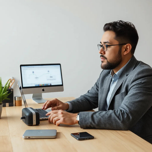 A business professional reviews automated workflows connecting devices on a laptop