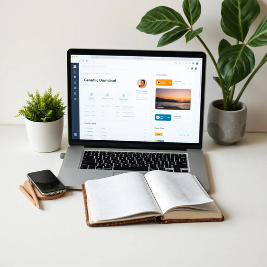Creator working at a laptop with digital product icons and a notebook on a clean desk