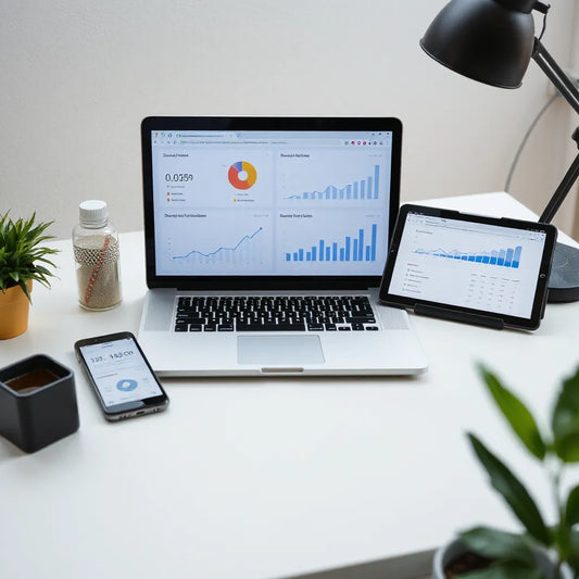 Laptop showing marketing analytics dashboards with supporting charts on other devices