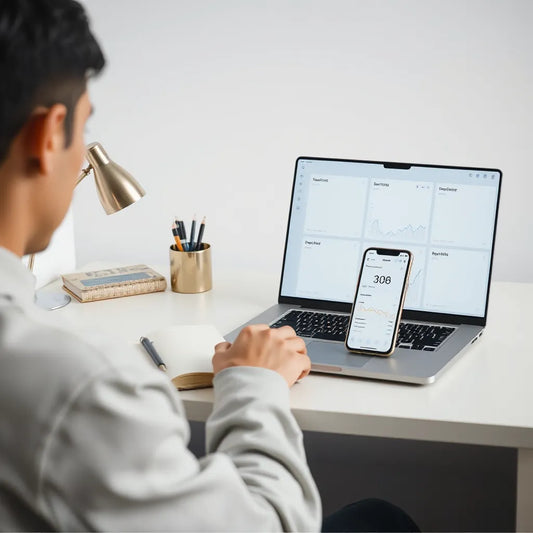 Person working on a laptop with clean AI-style dashboards while planning a side hustle