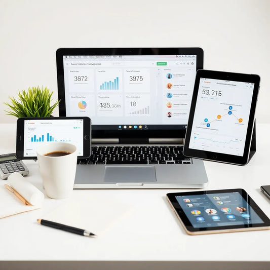 Laptop, smartphone, and tablet showing clean automation and analytics workflows for business scaling