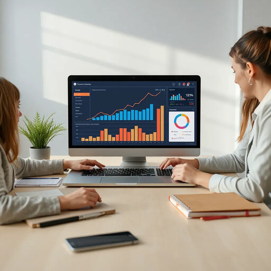 Team reviewing growth metrics on a laptop showing an upward trend chart