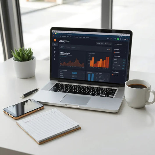 Laptop showing an SEO analytics dashboard with keyword cluster charts on a modern desk