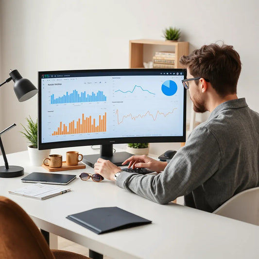 Entrepreneur working on a laptop with analytics for an online business in a modern home office