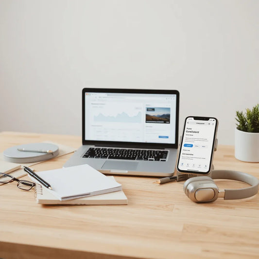 Minimal workspace with laptop and notes tools showing content creation workflow