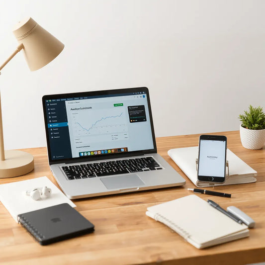 Laptop and smartphone on a minimal desk beside tools, suggesting smart automation workflows
