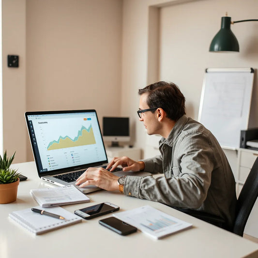 Entrepreneur reviewing growth charts and a roadmap plan on a laptop in a modern workspace