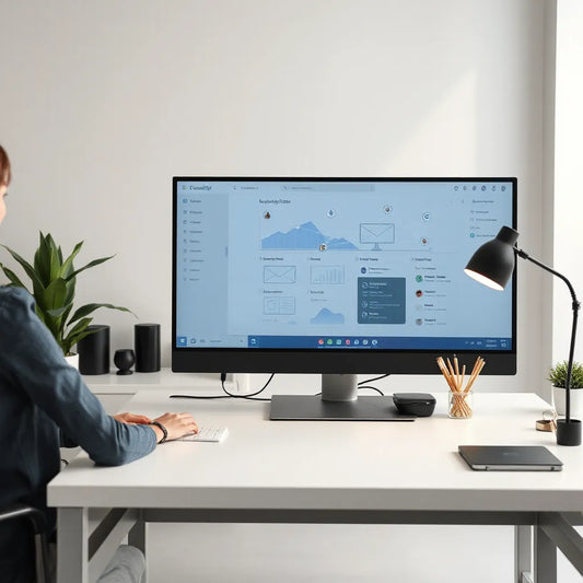 Marketer reviewing an automation dashboard with connected campaign workflow visuals on a monitor