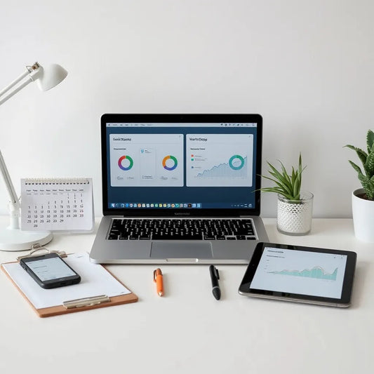 Modern office desk with laptop dashboards and workflow tools for streamlined business operations