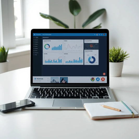 Minimal desk with laptop showing abstract analytics and automation visuals for online business