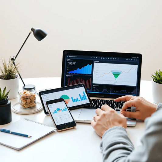 Person reviewing AI marketing analytics on laptop with dashboards and funnel-style visuals