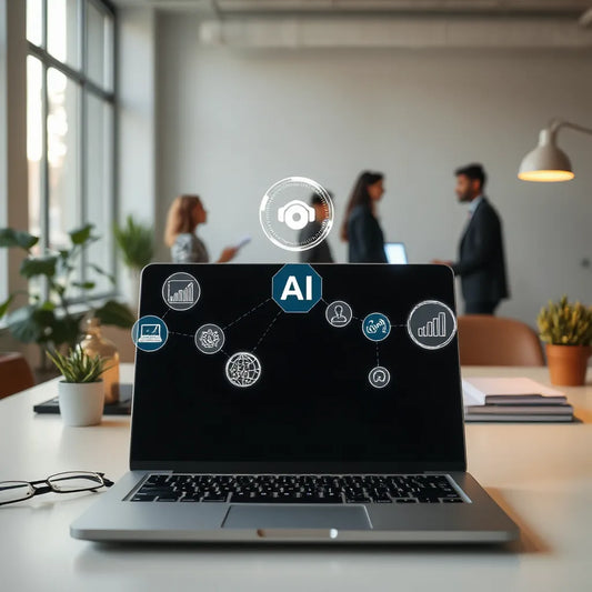 Modern office team collaborating while a laptop shows abstract AI network visuals and connected business icons