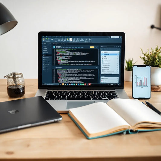 Laptop and tablet on a clean desk showing a generic writing dashboard and content checklist icons