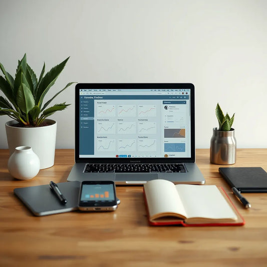 Clean desk setup with laptop and tablet showing product creation workflow icons for faster launches
