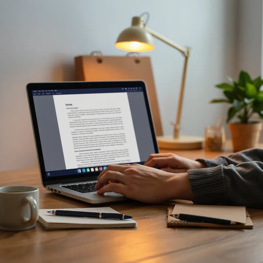 Person typing on a laptop with a document draft displayed in a clean office setting
