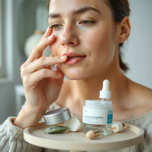 Fragrance-free soothing skincare cream applied to a face with simple bottles on a clean vanity