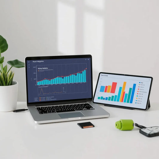 Laptop and tablet showing simple video performance analytics charts with a camera lens nearby