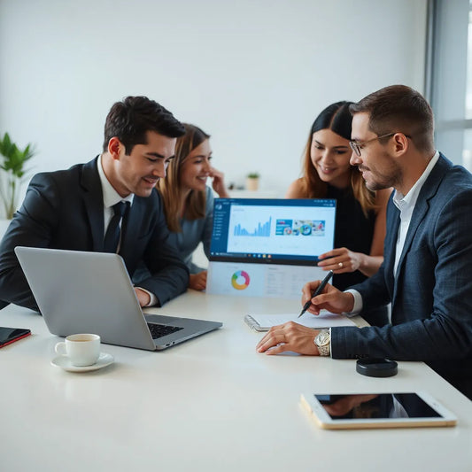 Team reviewing AI-driven business dashboards on a laptop and tablet in a modern workspace