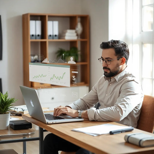 Entrepreneur reviewing AI analytics on a laptop with a minimal dashboard above the screen