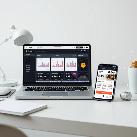 Laptop and smartphone displaying clean e-commerce analytics and personalized product recommendations connected by glowing data lines