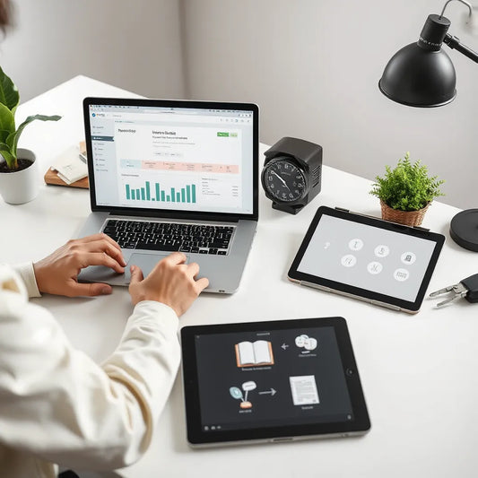 Minimal home office with a laptop showing an income dashboard and digital product icons.